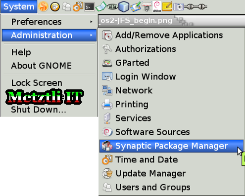 Selecting (from Debian menu) Synaptic Package Manager.