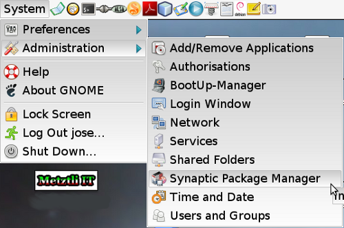 Debian menu: System - />Administration ->Synaptic