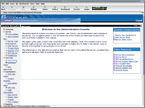 WebSphere Application Server CE Admin Console Welcome web page.