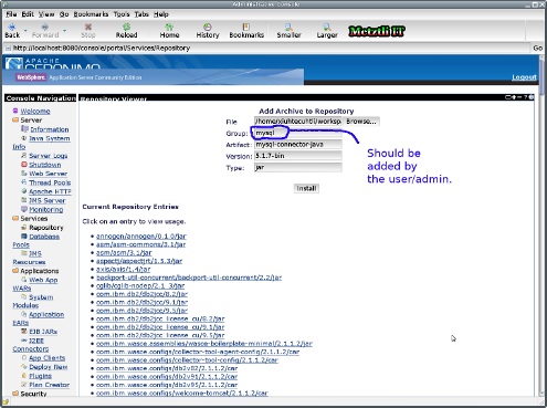 WebSphere Application Server CE: User/Admin should add the second field: mysql
