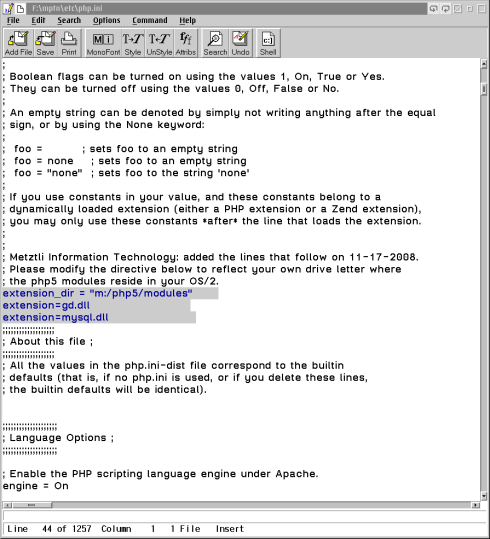 Adding GD and MySQL support directives in os2/mptn/etc/php.ini --GNU/Linux Debian donated.