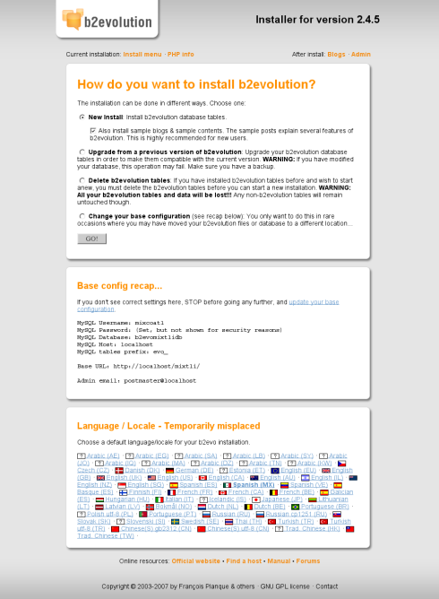 B2evolution install, Base config recap, language/local.