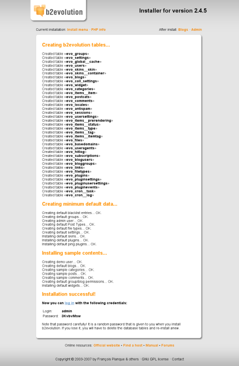 Table process creation and b2evolution first time log in credentials.