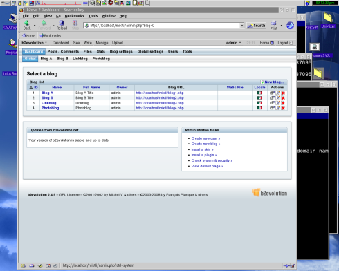 b2evolution first log in: Default theme, and Global Dashboard.