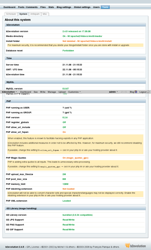 Addressing issues raised by b2evolution Check system & security.