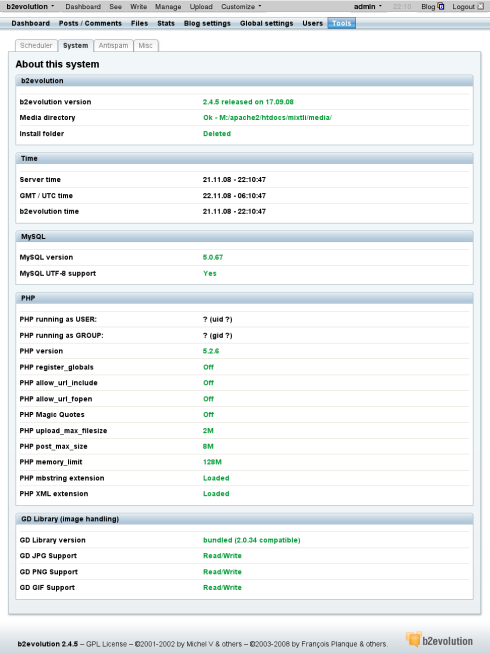 b2evolution security fixed as conveyed by Check system & security page.