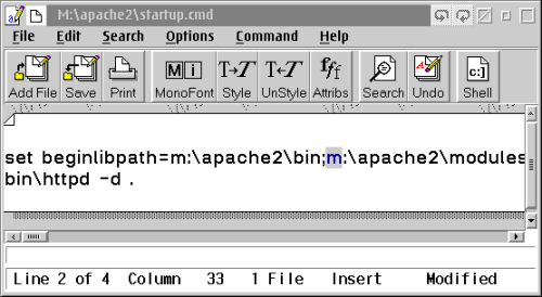 OS/2 EPM editor after modifying Apache2 startup.cmd