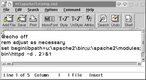 OS/2 EPM editor before modifying Apache2 startup.cmd
