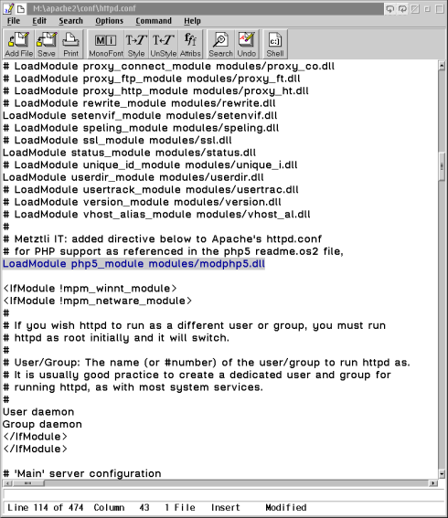 OS/2 EPM editor showing Apache's httpd.conf PHP module directive.