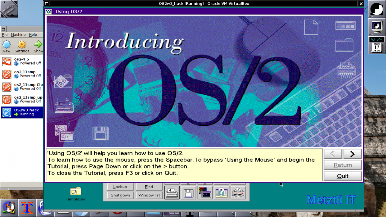 OS/2 Warp 3, orphaned by IBM, subsequently virtualized in VirtualBox