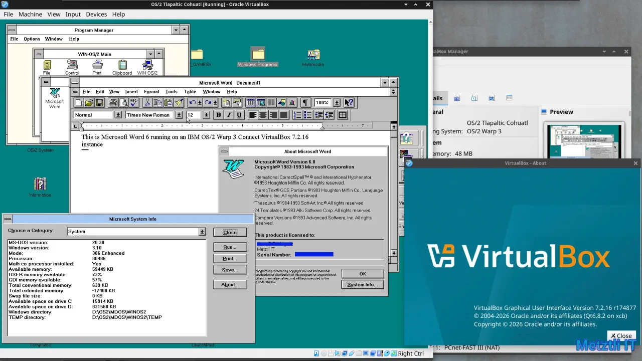 OS/2 Warp 3 WinOS2 running Microsoft Word 6.0 in VirtualBox 7.2.16 built on Metztli Reiser4 -enabled kernel 5.17.15-3